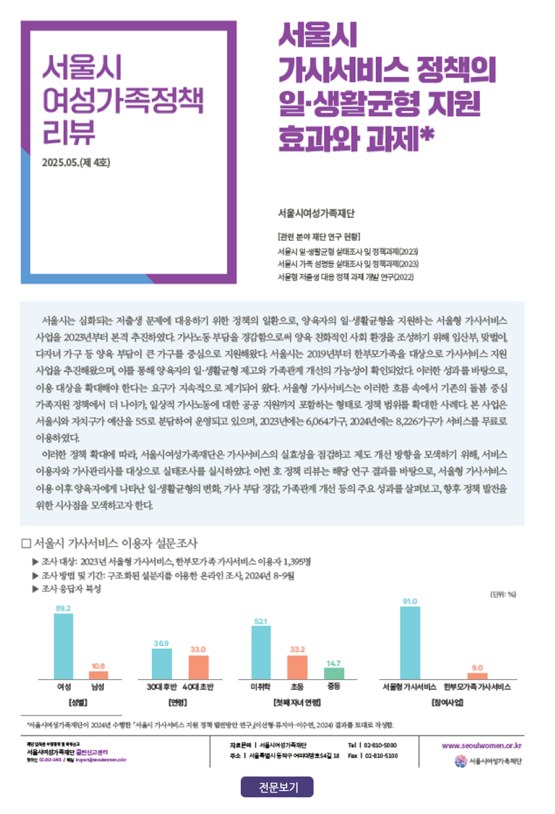 [정책리뷰 4호] 서울시 가사서비스 정책의 일생활균형 지원 효과와 과제 2025.5.20