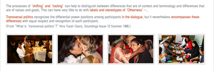 The processes of ‘shifting’ and ‘rooting’ can help to distinguish between differences that are of context and terminology and differences that are of values and goals. This can have very little to do with labels and stereotypes of ‘Otherness’…. 
Transversal politics recognizes the differential power positions among participants in the dialogue, but it nevertheless encompasses these differences with equal respect and recognition of each participant.(From “What is ‘transversal politics’?” Nira Yuval-Davis, Soundings Issue 12 Summer 1999.)