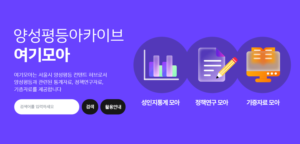 양성평등아카이브 여기모아
여기모아는 서울시 양성평등 컨텐트 허브로서 양성평등과 관련된 통계자료, 정책연구자료, 기증자료를 제공합니다. 