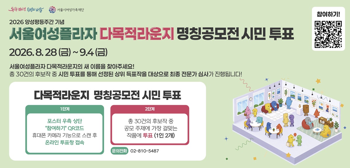 2026 양성평등주간 기념 서울여성플라자 다목적라운지 명칭공모전 시민 투표 2026년 8월 28일 금요일부터 9월 4일 금요일까지 서울여성플라자 다목적라운지의 새 이름을 찾아주세요! 총 30건의 후보작 중 시민 투표를 통해 선정된 상위 득표작을 대상으로 최종 전문가 심사가 진행됩니다! 다목적라운지 명칭공모전 시민 투표 1단계 참여하기 링크로 온라인 투표창 접속 링크: https://forms.gle/5FwPjs8ADkRaaQuW9
 2단계 총 30건의 후보작 중 공모 주제에 가장 걸맞는 작품에 투표(1인 2개) 문의전화 02-810-5487