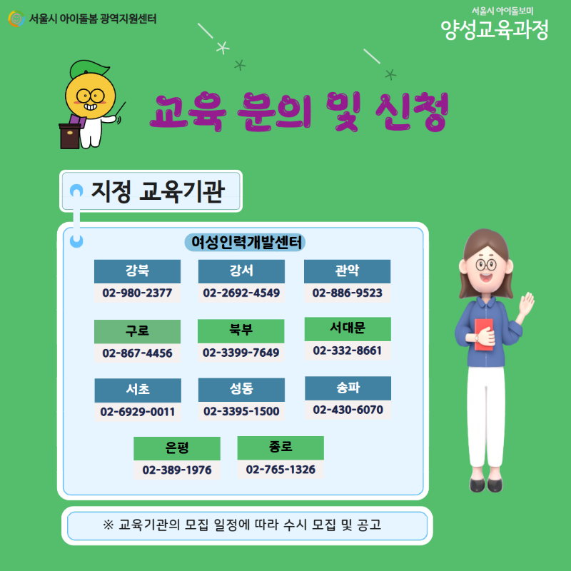 서울시 아이돌봄 광역지원센터 서울시 아이돌보미 양성교육과정 교육 문의 및 신청 지정 교육기관 여성인력개발센터 강북 02-980-2377 강서 02-2692-4549 관악 02-886-9523 구로 02-867-4456 북부 02-3399-7649 서대문 02-332-8661 서초 02-6929-0011 성동 02-3395-1500 송파 02-430-6070 은평 02-389-1976 종로 02-765-1326 ※ 교육기관의 모집 일정에 따라 수시 모집 및 공고