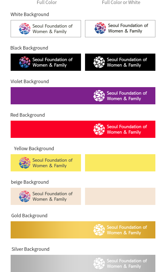 full color / full color / White Background, full color / full color / Black Background, Violet Background Seoul Foundation of Women, Red Background Seoul Foundation of Women, Yellow Background Seoul Foundation of Women, Beige Background Seoul Foundation of Women, Gold Background Seoul Foundation of Women, Silver Background Seoul Foundation of Women